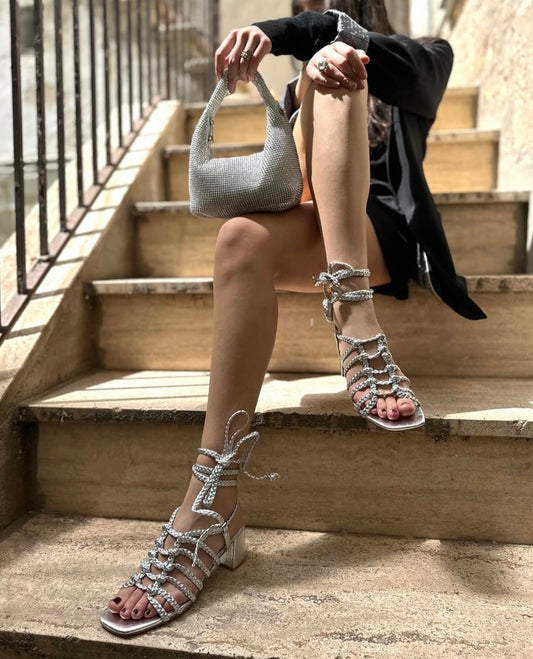 Sandalo con lacci Argento tacco 6cm