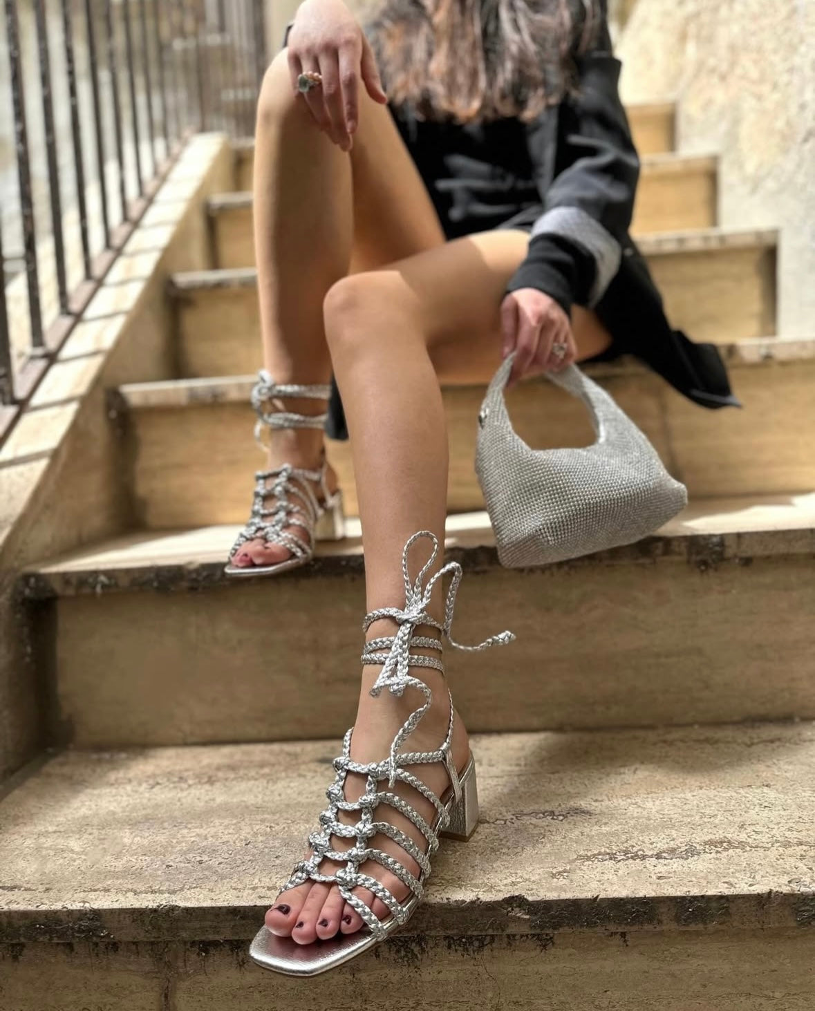 Sandalo con lacci Argento tacco 6cm