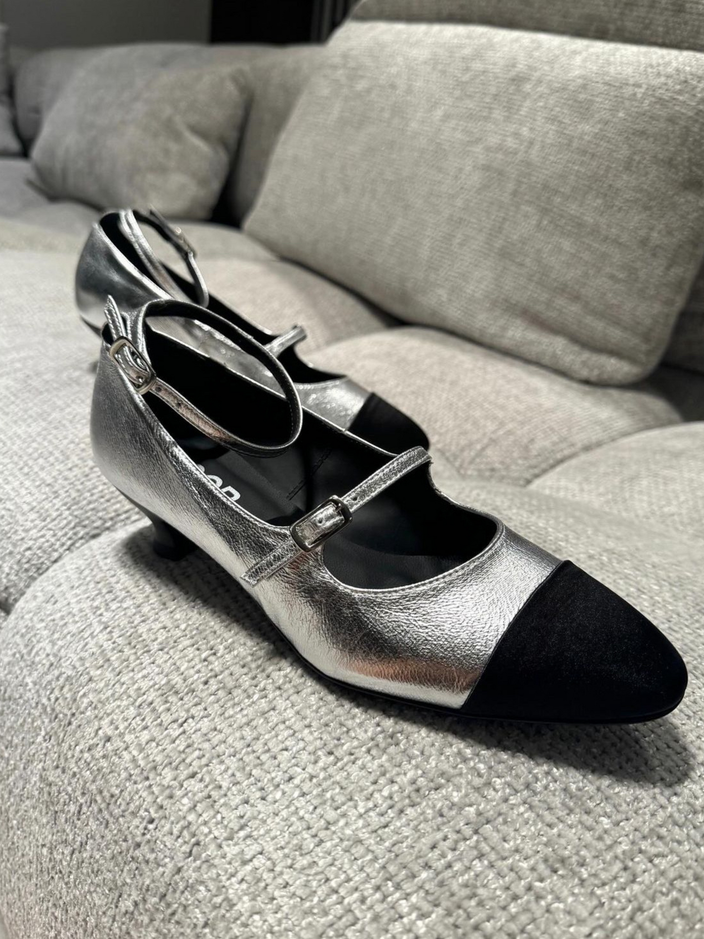 Mary Jane Doop Vera Pelle Crack Argento - Raso Nero