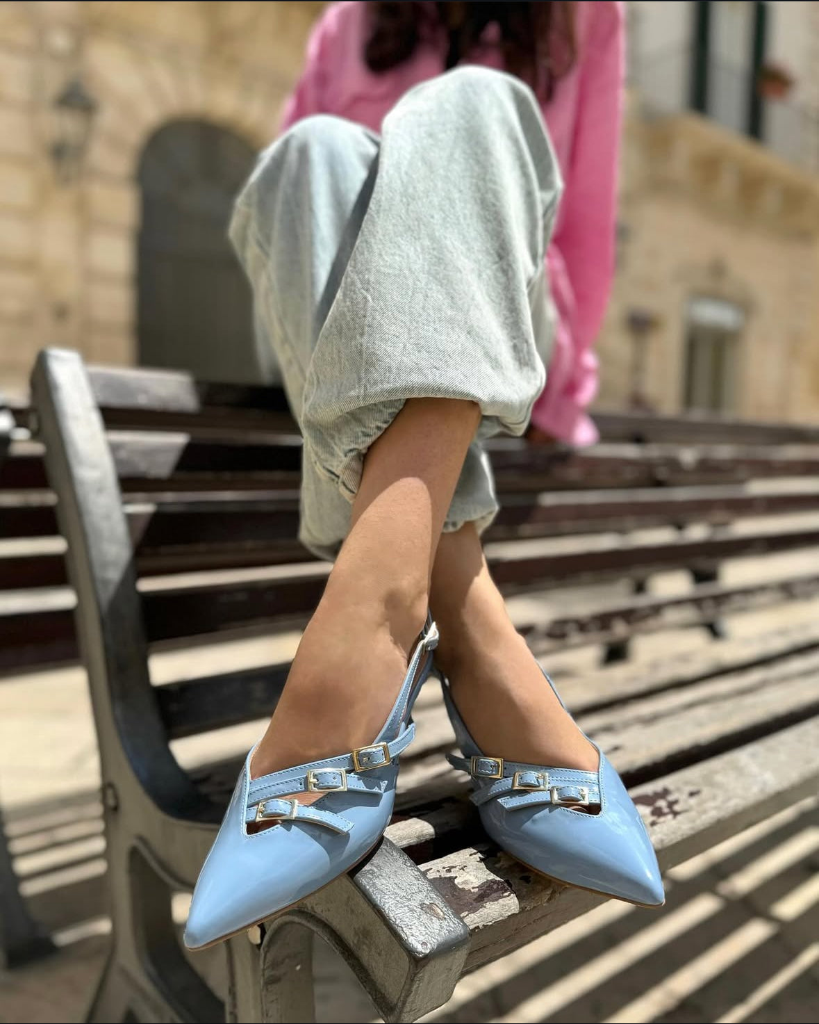 Slingback Doop in Vera Pelle Celeste