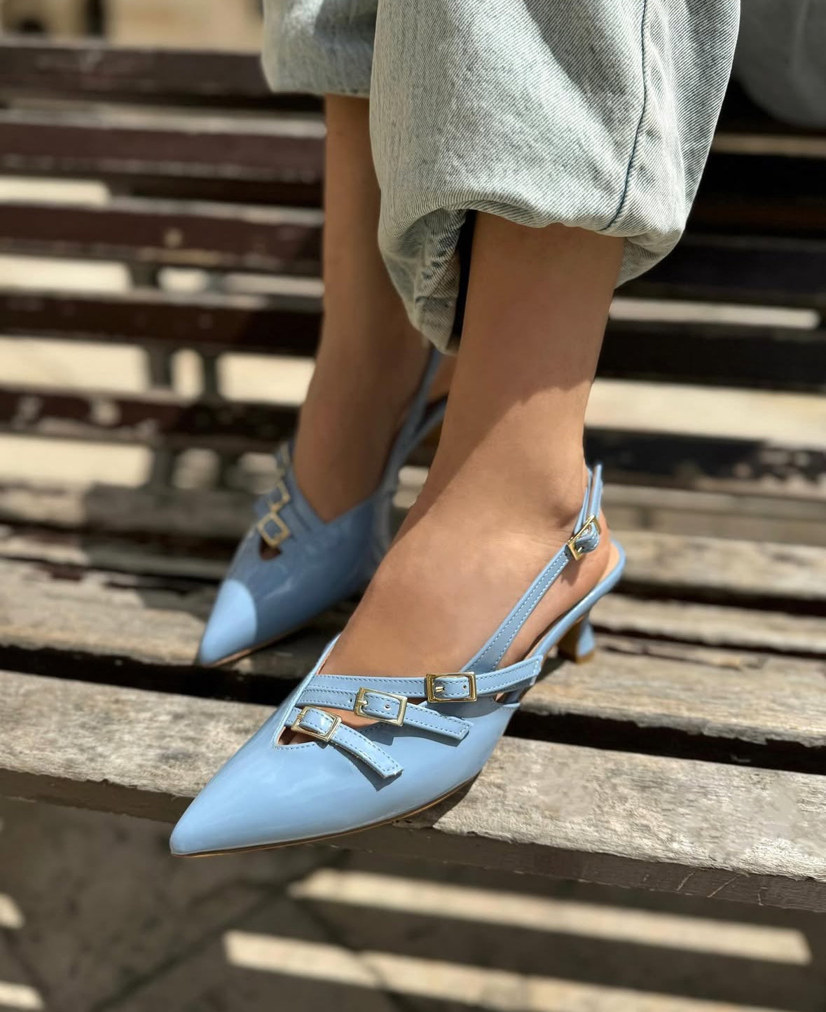 Slingback Doop in Vera Pelle Celeste